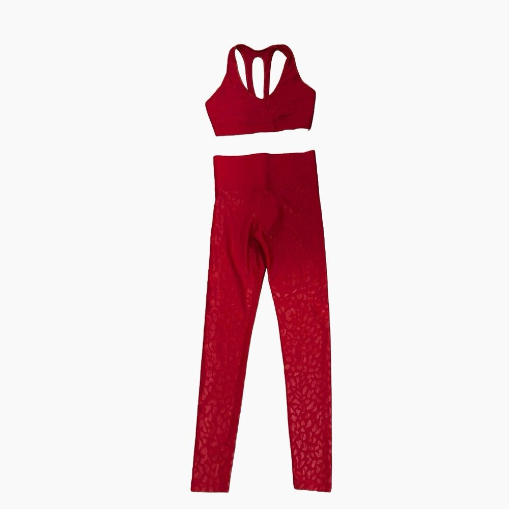 Carbon38 High Rise Full-length Legging + Bra set Leopard Takara Shine Red Sz S